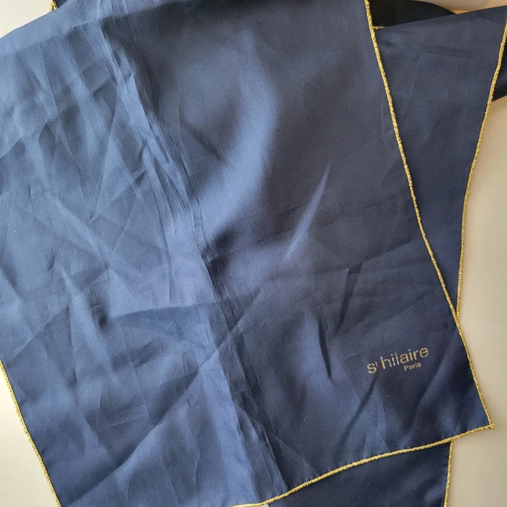 St. Hilaire Paris Blue Scarf Gold Metallic Trim ~ Rectangular ~ Vintage? ~ GUC